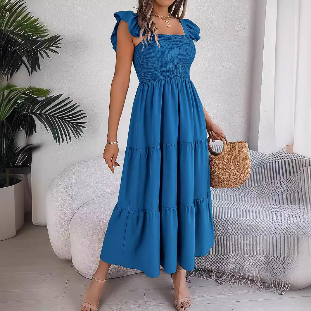 Summer European and American solid color square neck black fungus edge waist cinched A-line long skirt