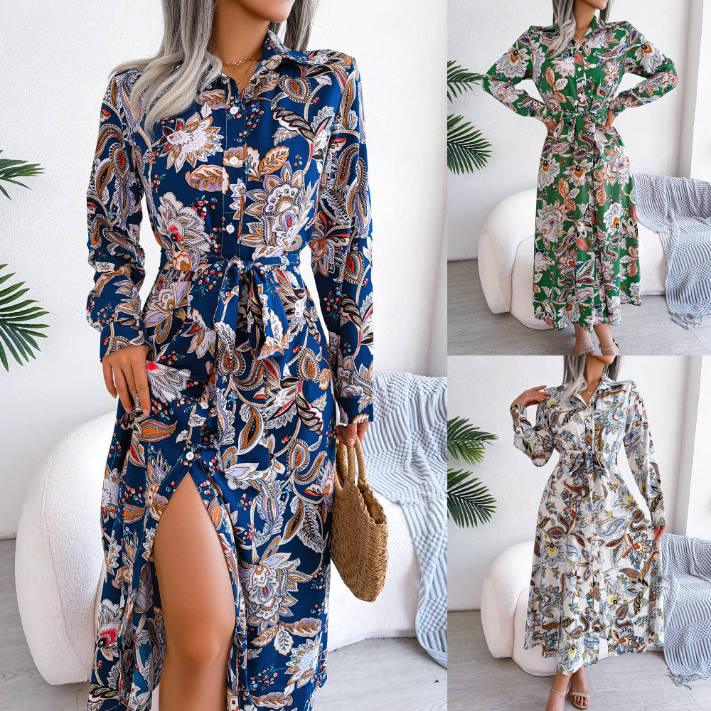 Leisure vacation style retro flower lapel tied shirt skirt long skirt