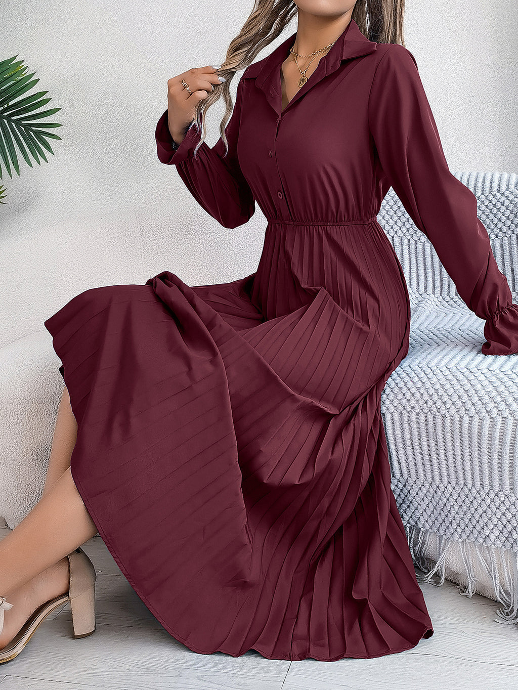 Casual lapel button long sleeved waist cinched pleated long skirt