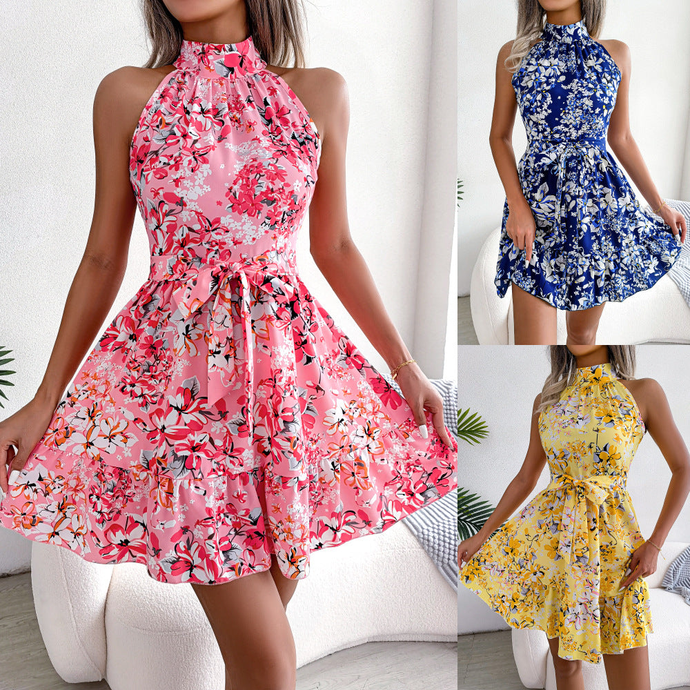 Real time shooting of spring and summer new style temperament lace up ruffle edge big swing floral dress