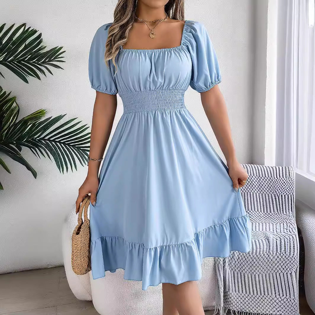Spring and summer European and American casual square neck short sleeved waist cinched ruffle A-line skirt