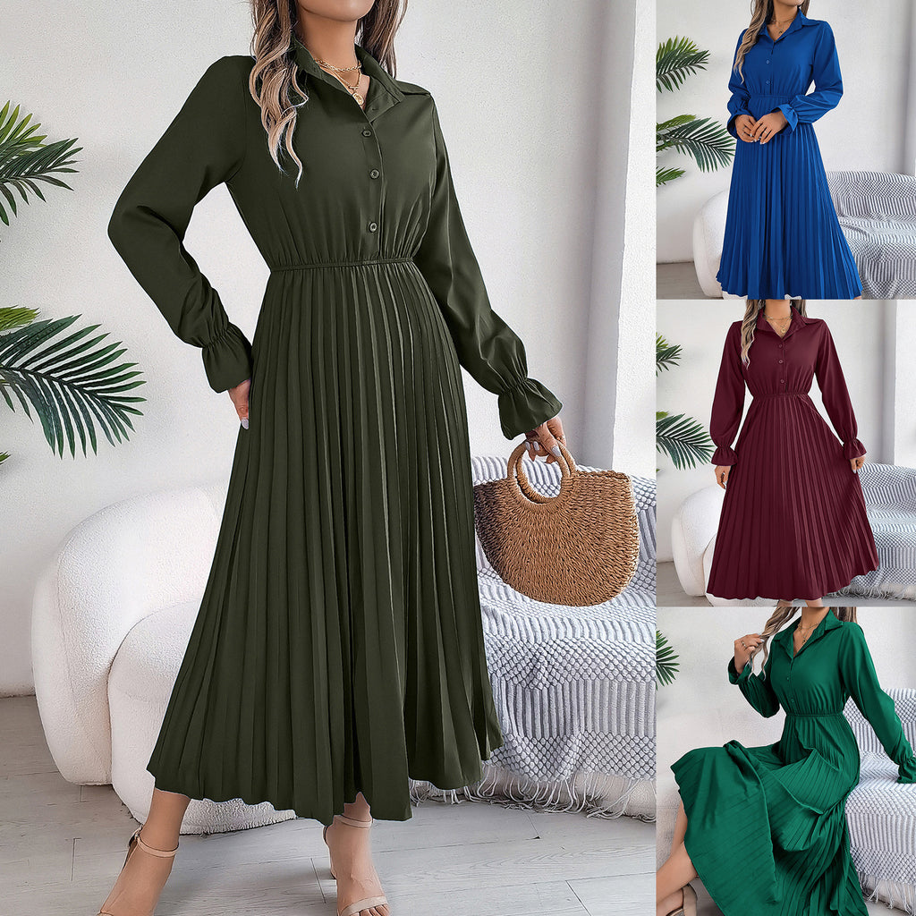 Casual lapel button long sleeved waist cinched pleated long skirt