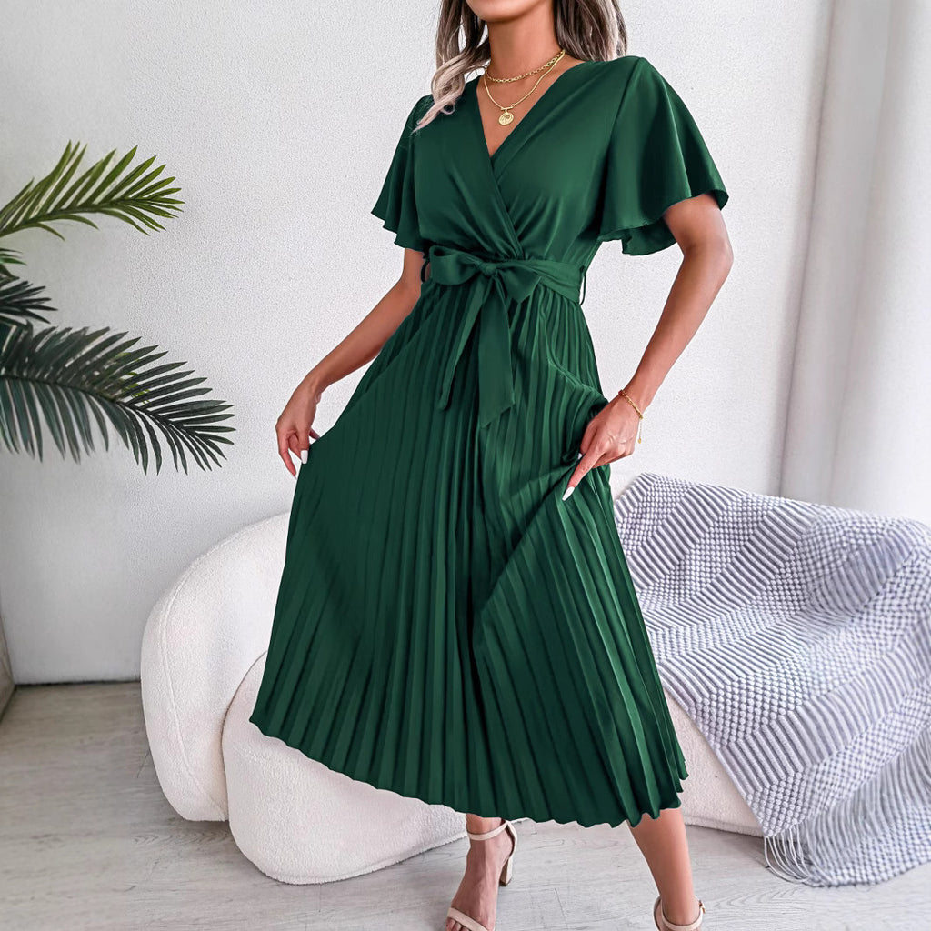 New spring and summer cross V-neck pleated long skirt