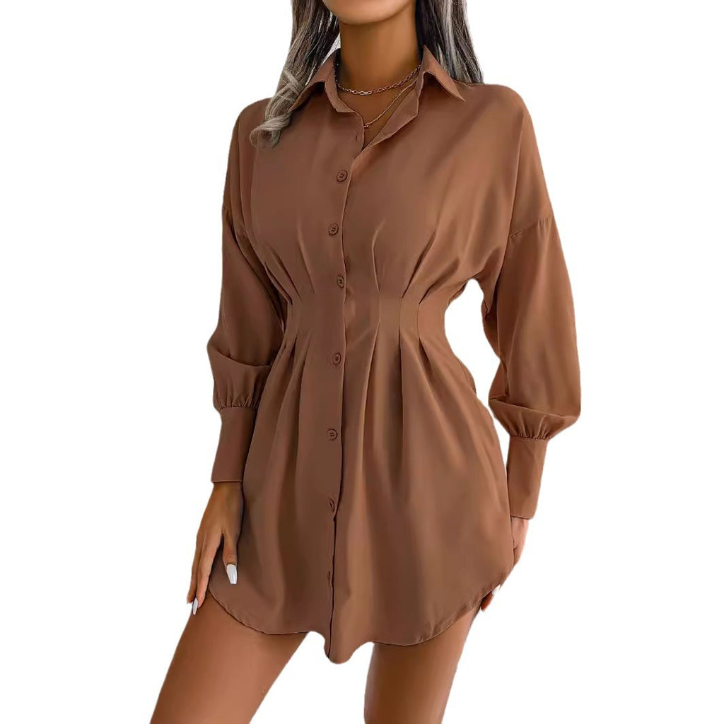 Leisure vacation style lantern sleeves, waist cinched asymmetrical dress, shirt skirt