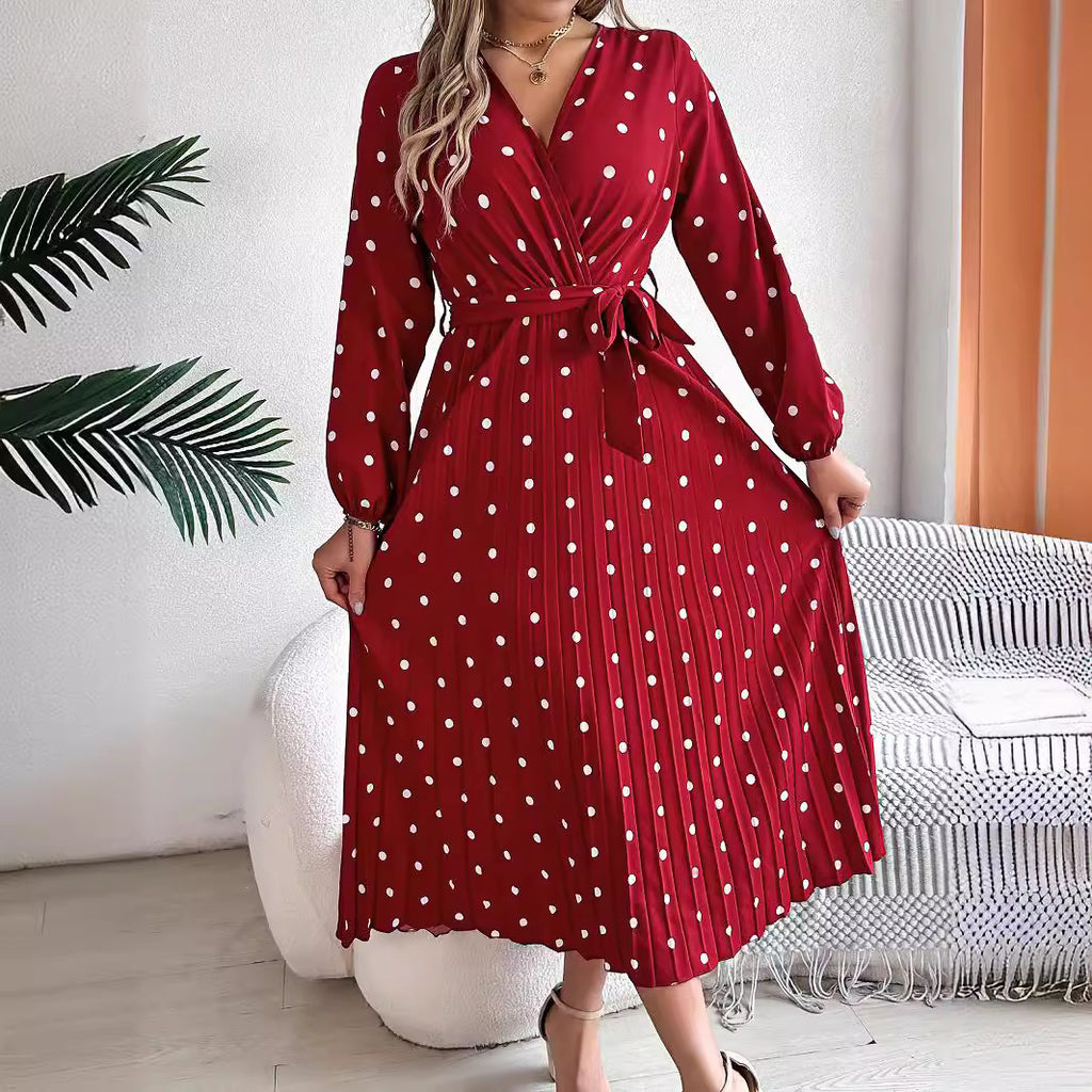 Elegant color blocking polka dot cross V-neck pleated long skirt