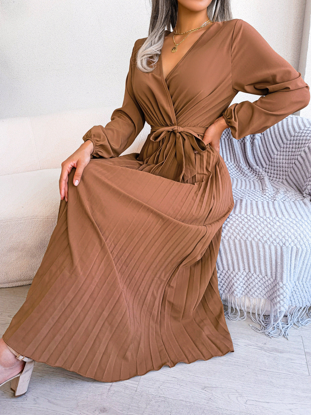 Cross style V-neck pleated long dress with European and American spring and summer temperament