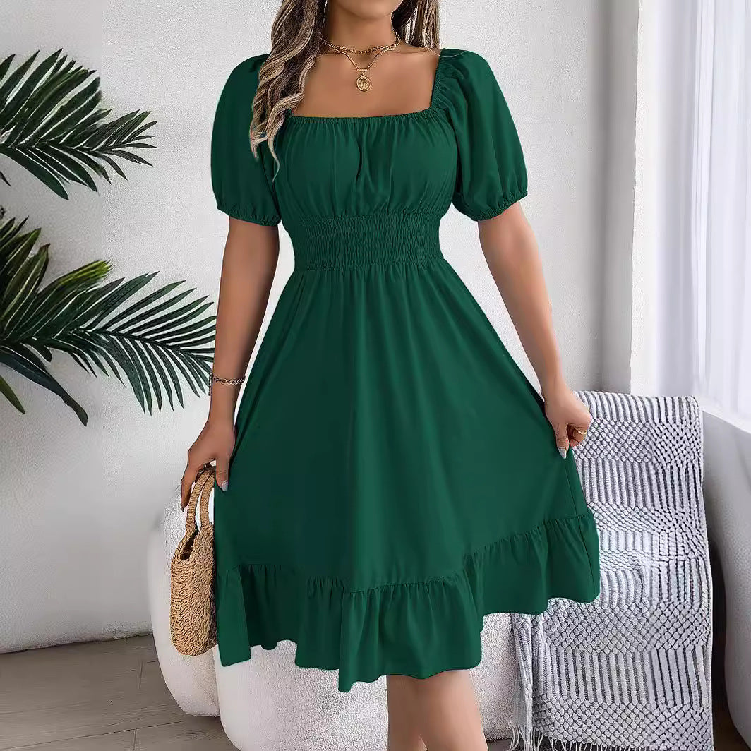 Spring and summer European and American casual square neck short sleeved waist cinched ruffle A-line skirt