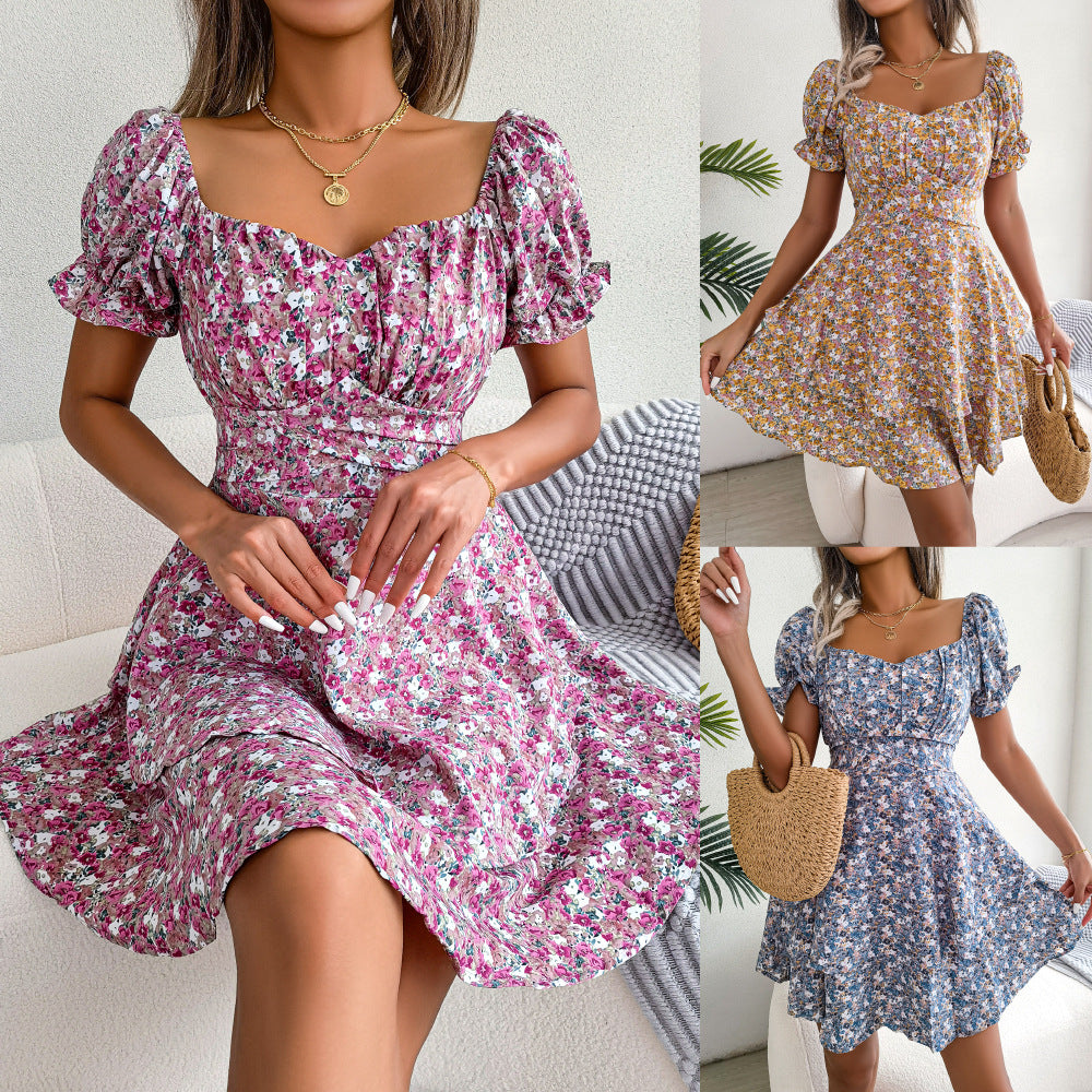 Spring and summer temperament floral lace up waist cinching big swing dress