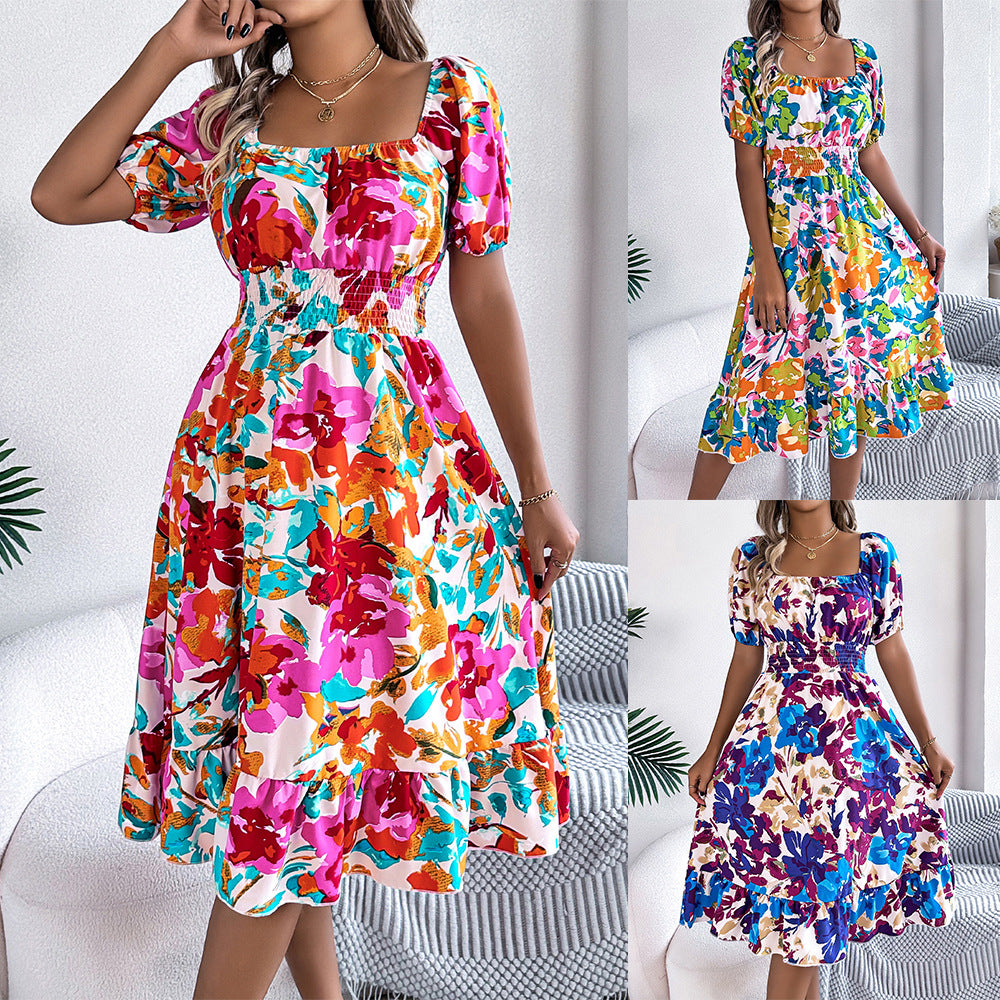 2025 Spring/Summer Casual Flower Square Collar Short Sleeve Waist with Lotus Leaf Edge A-line Skirt