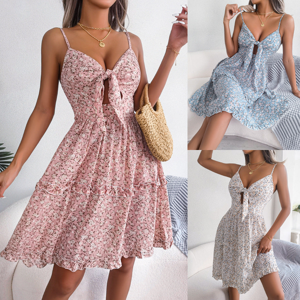 Spring and summer floral bow V-neck wooden ear swing dress, vacation suspender dress