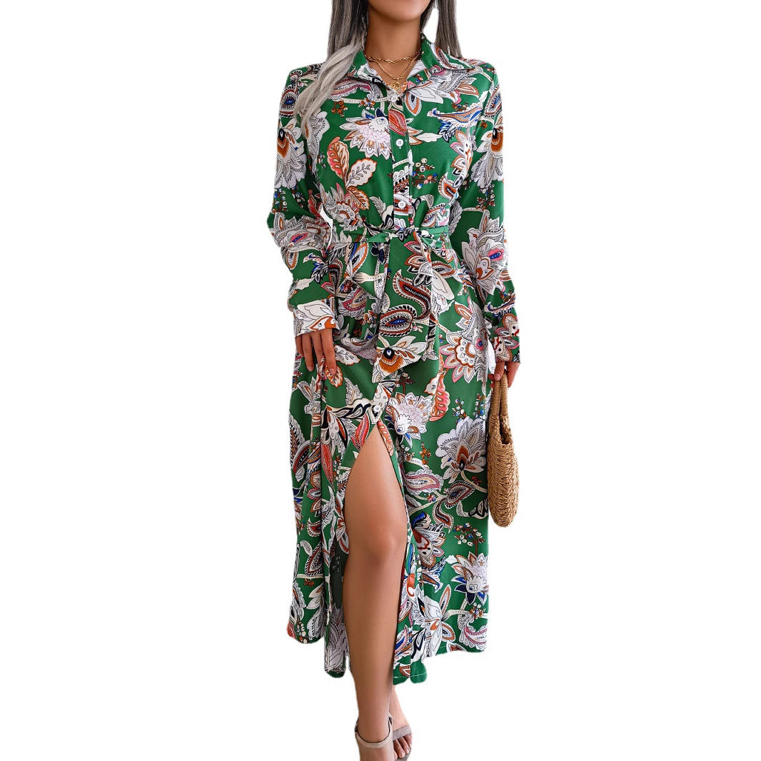 Leisure vacation style retro flower lapel tied shirt skirt long skirt