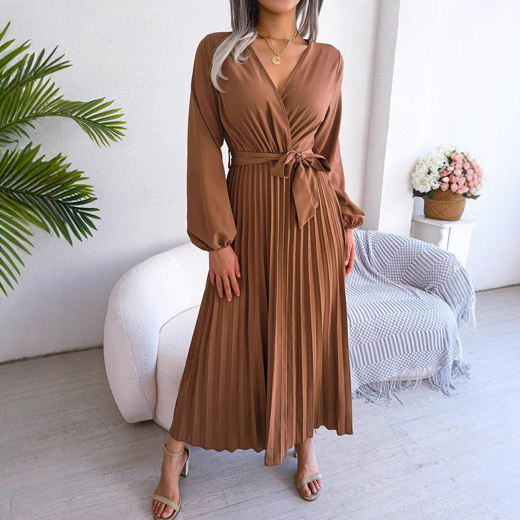 Cross style V-neck pleated long dress with European and American spring and summer temperament