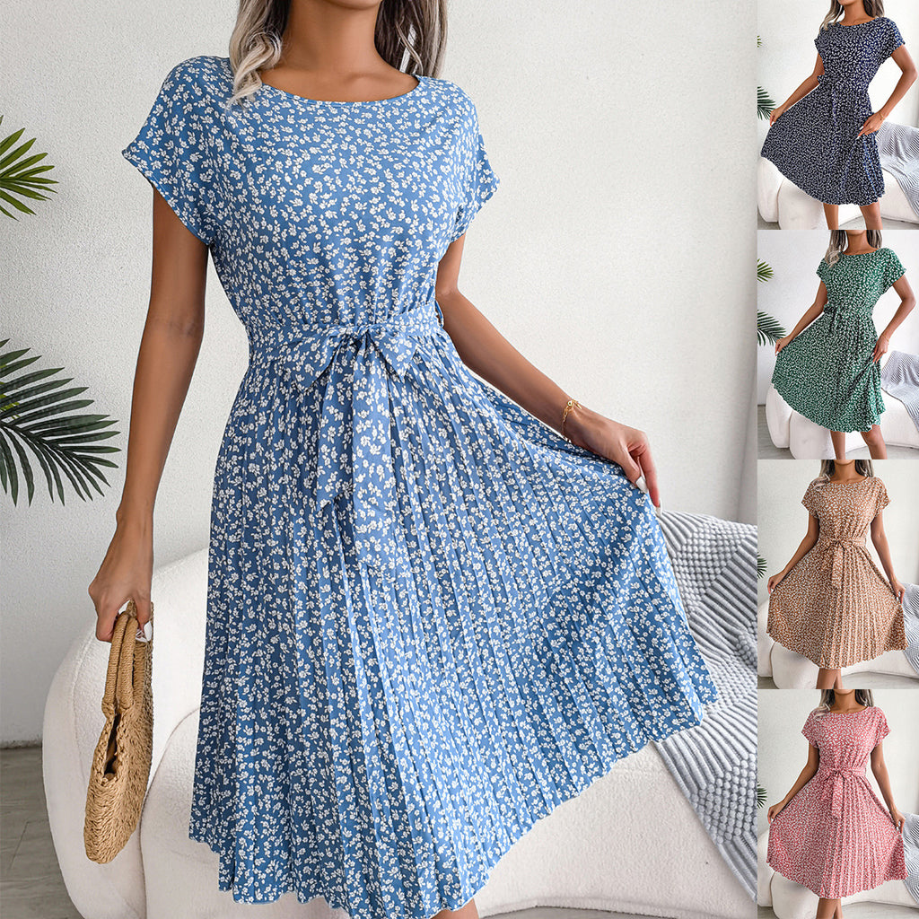 Spring and summer new casual short sleeved floral pleated skirt