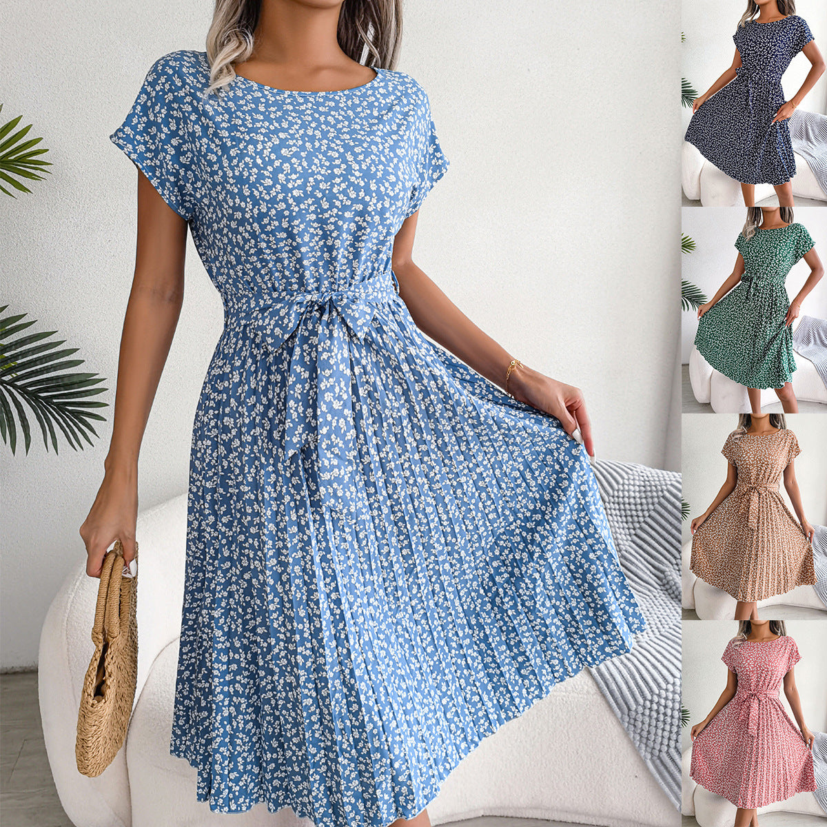 Spring and summer new casual short sleeved floral pleated skirt