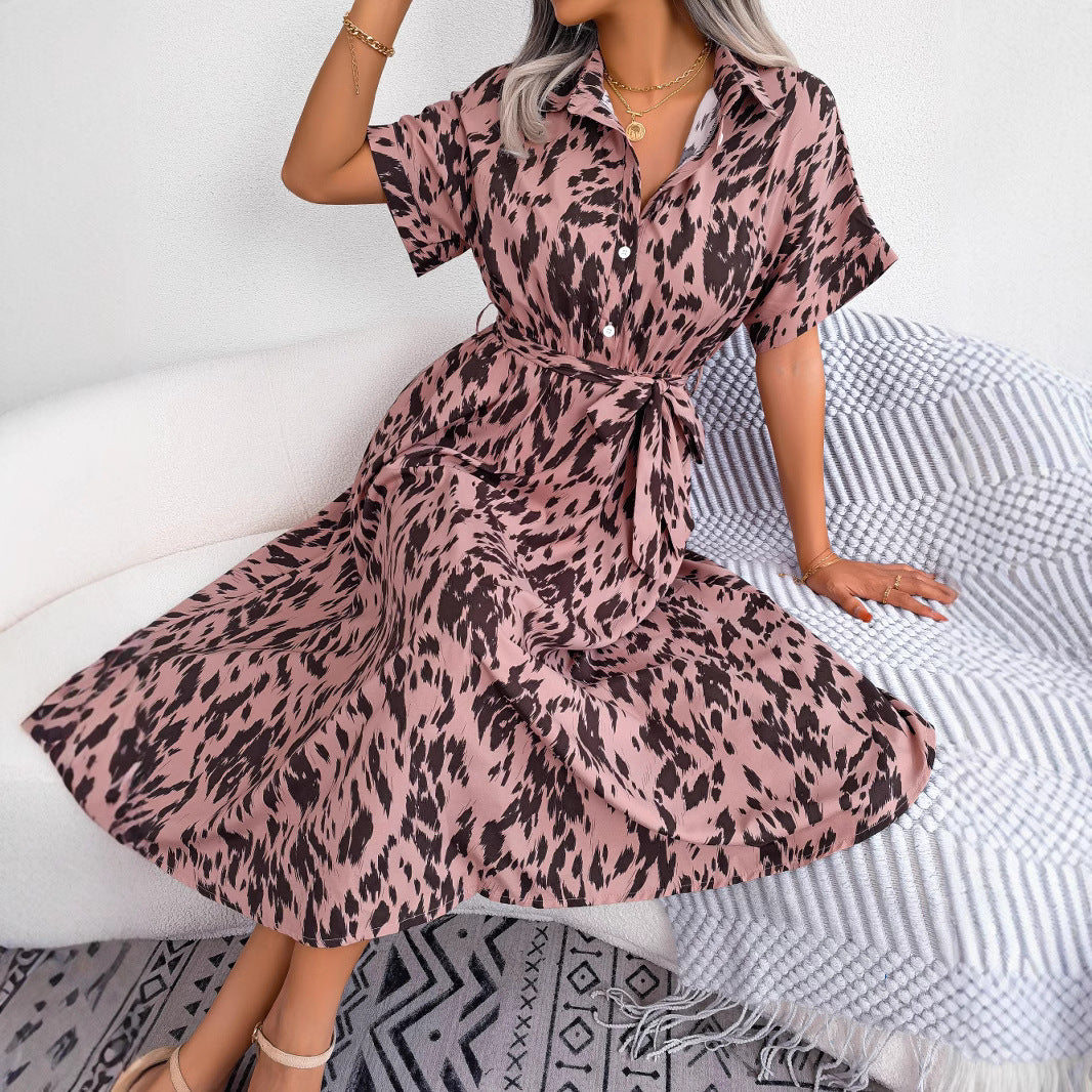 Casual loose leopard print lace up shirt skirt
