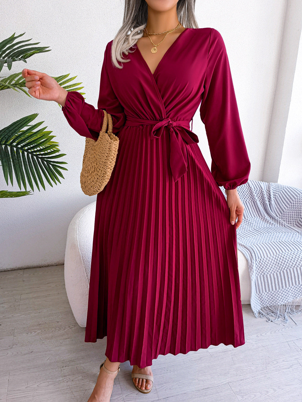 Cross style V-neck pleated long dress with European and American spring and summer temperament