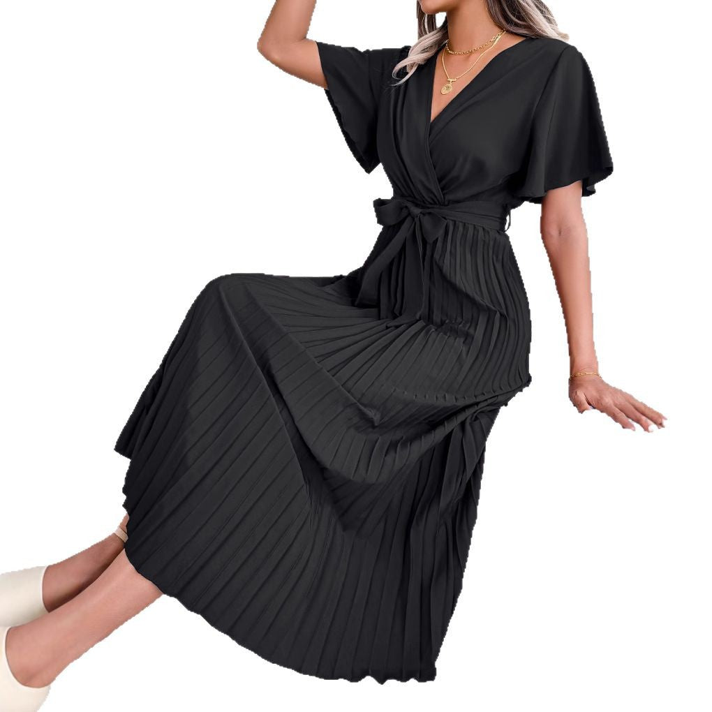 New spring and summer cross V-neck pleated long skirt