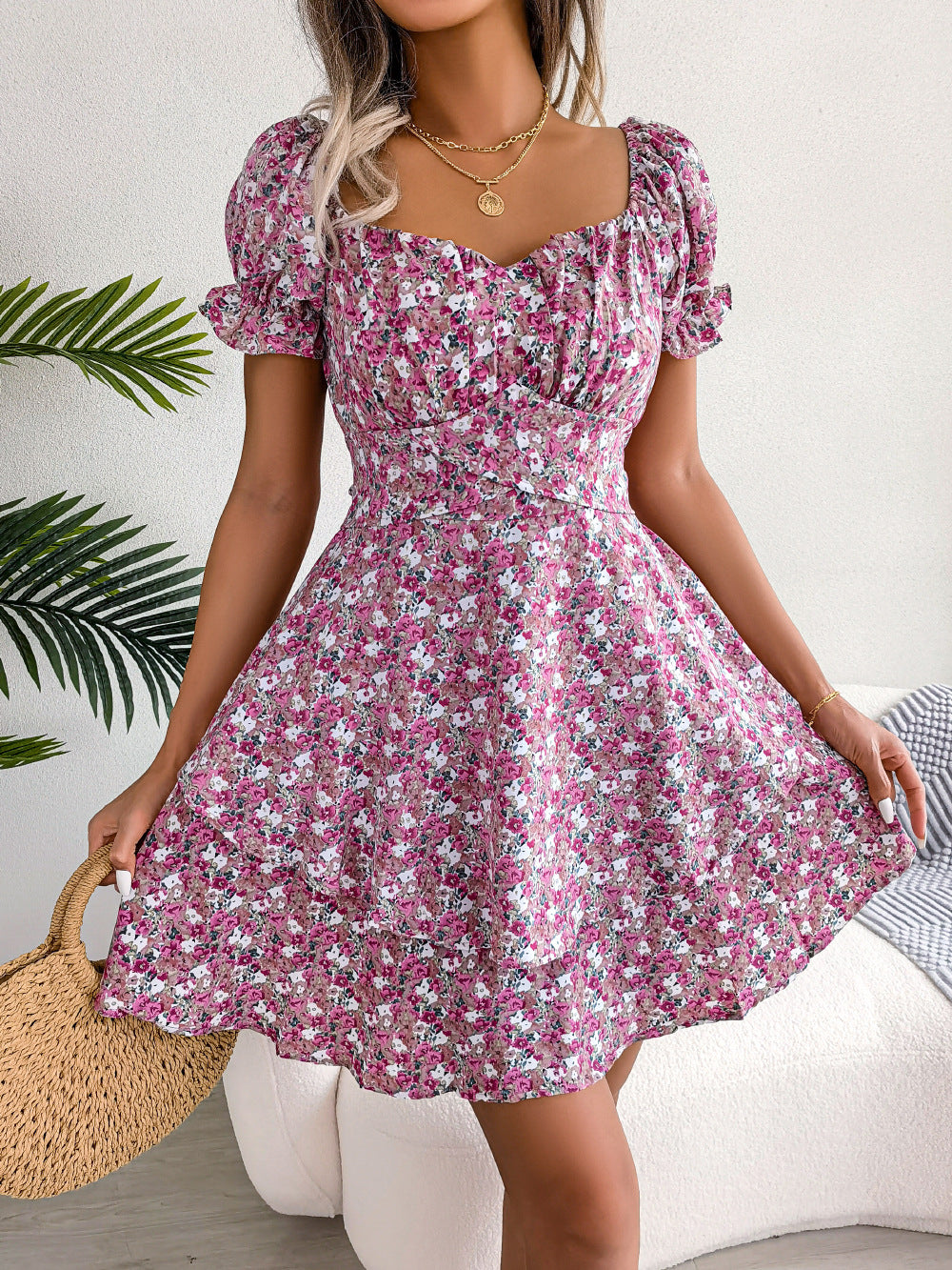 Spring and summer temperament floral lace up waist cinching big swing dress