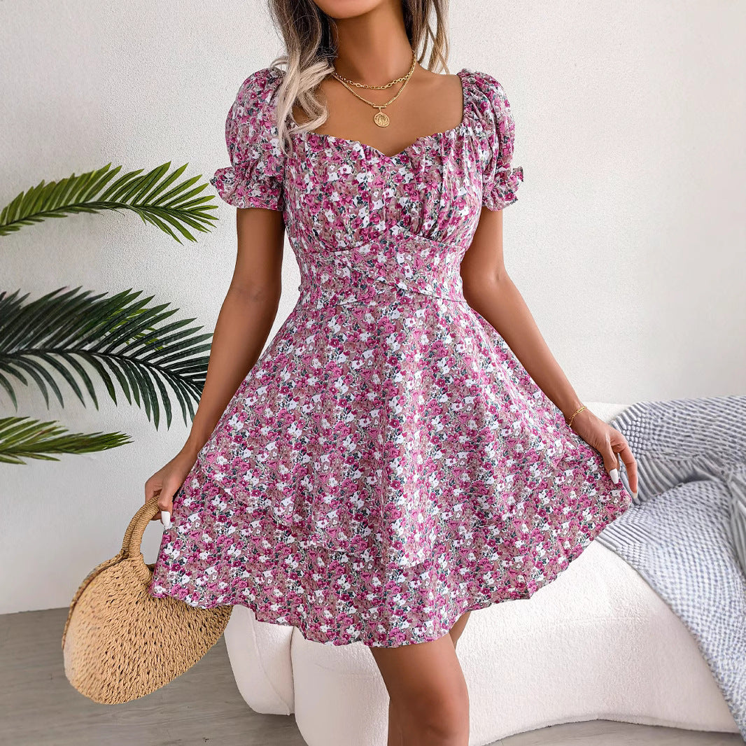 Spring and summer temperament floral lace up waist cinching big swing dress