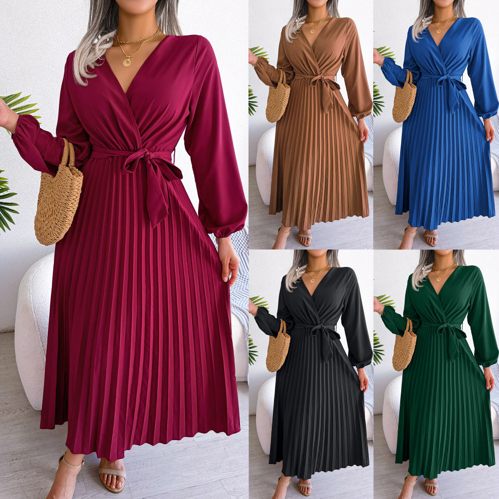 Cross style V-neck pleated long dress with European and American spring and summer temperament