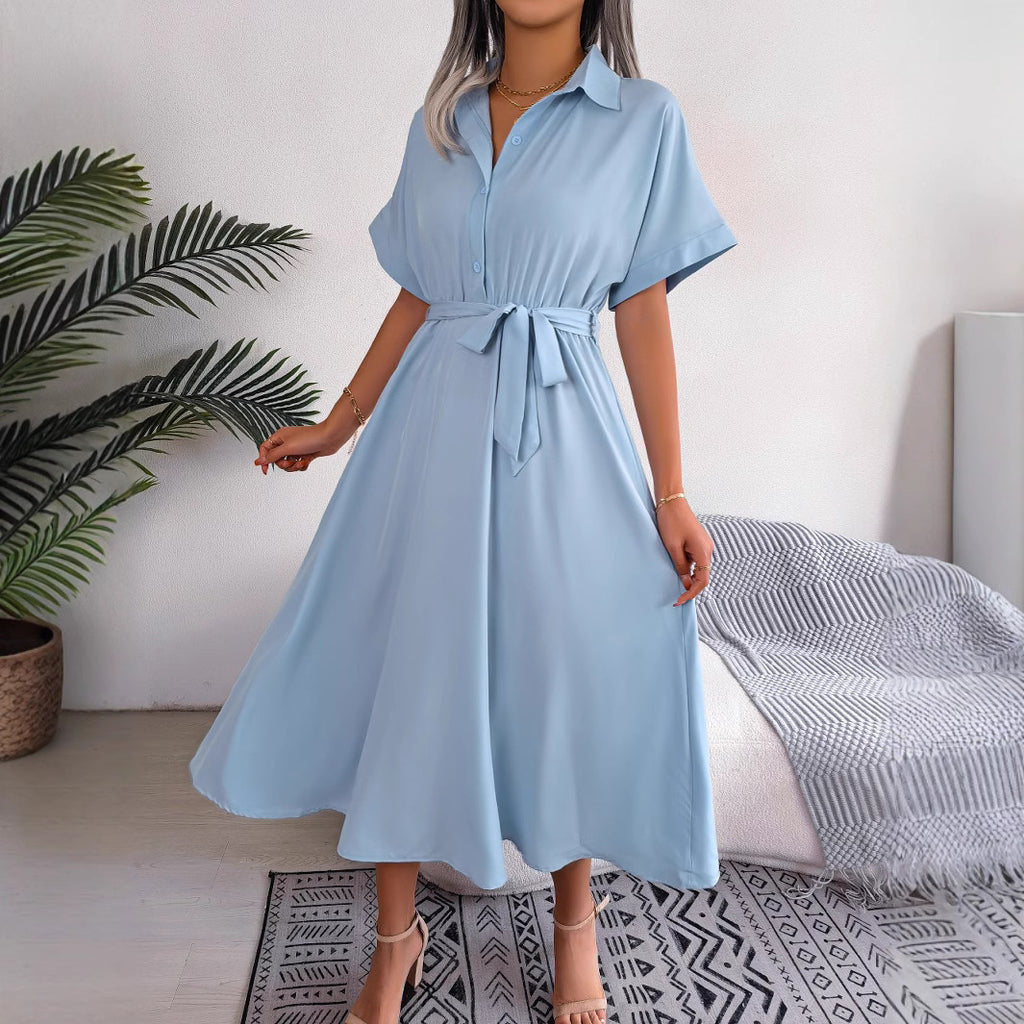 Summer European and American casual loose solid color lace up shirt skirt long skirt