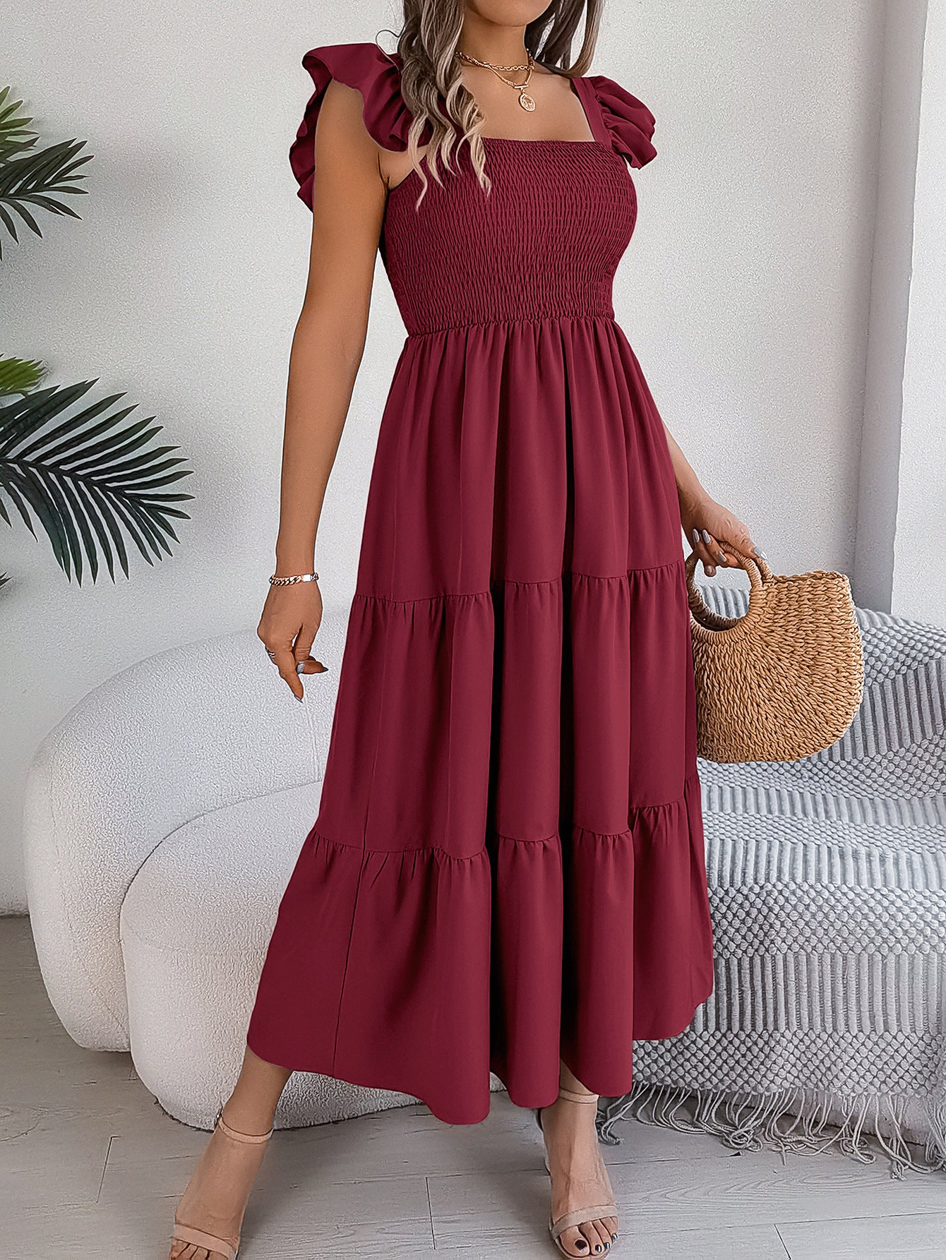 Summer European and American solid color square neck black fungus edge waist cinched A-line long skirt