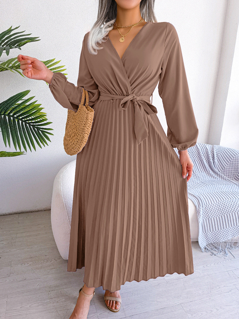 Cross style V-neck pleated long dress with European and American spring and summer temperament