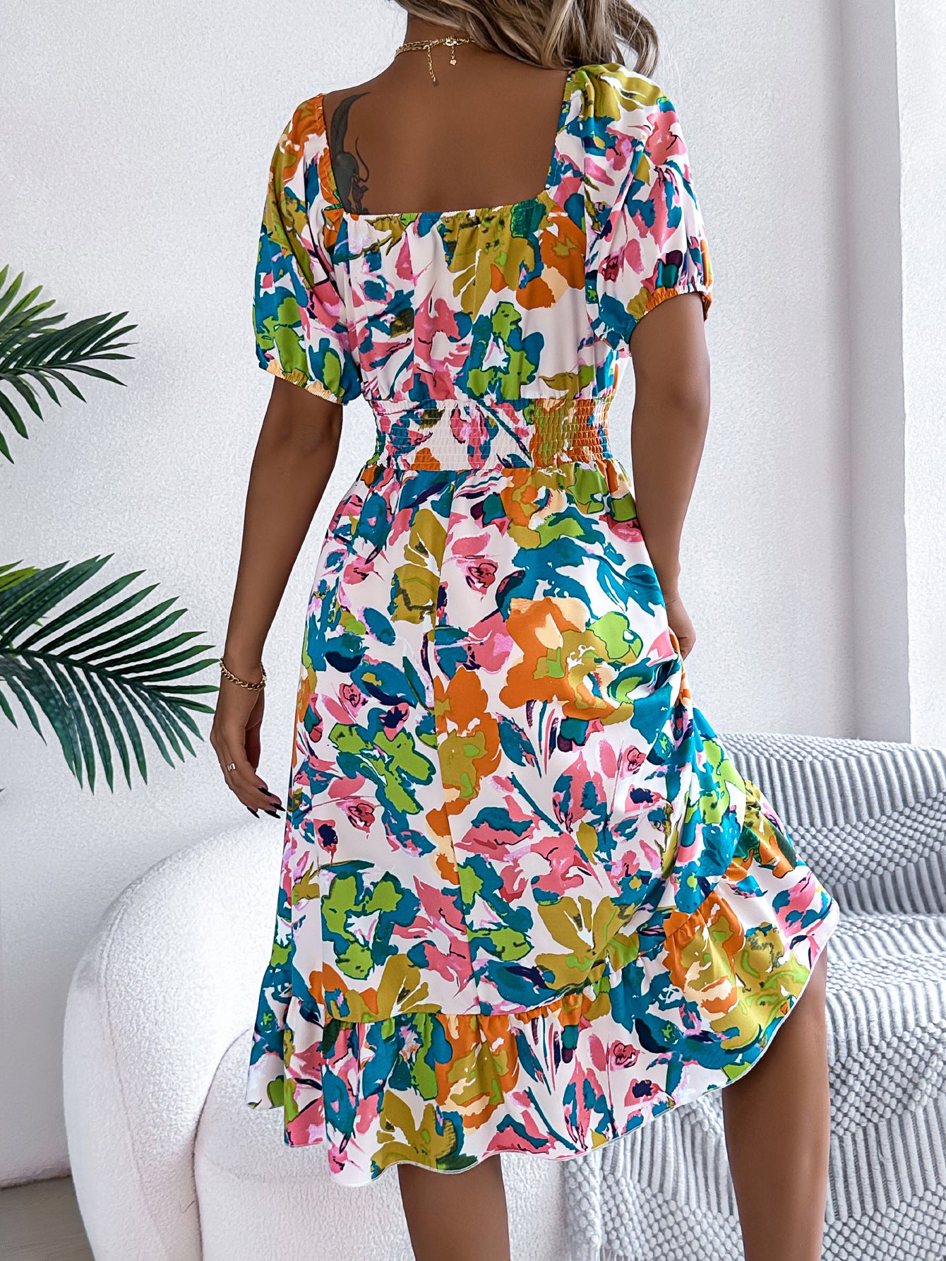2025 Spring/Summer Casual Flower Square Collar Short Sleeve Waist with Lotus Leaf Edge A-line Skirt