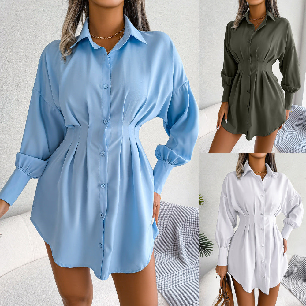 Leisure vacation style lantern sleeves, waist cinched asymmetrical dress, shirt skirt