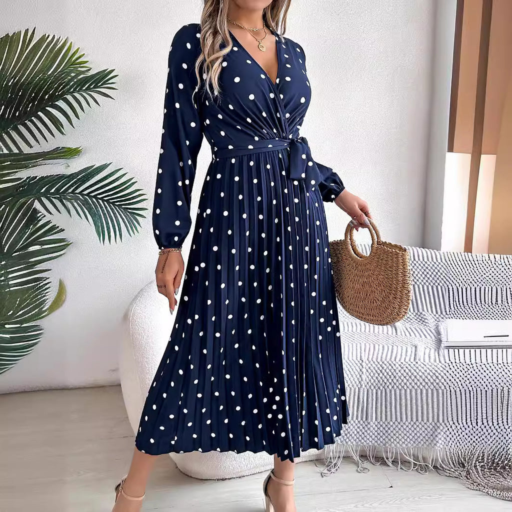 Elegant color blocking polka dot cross V-neck pleated long skirt