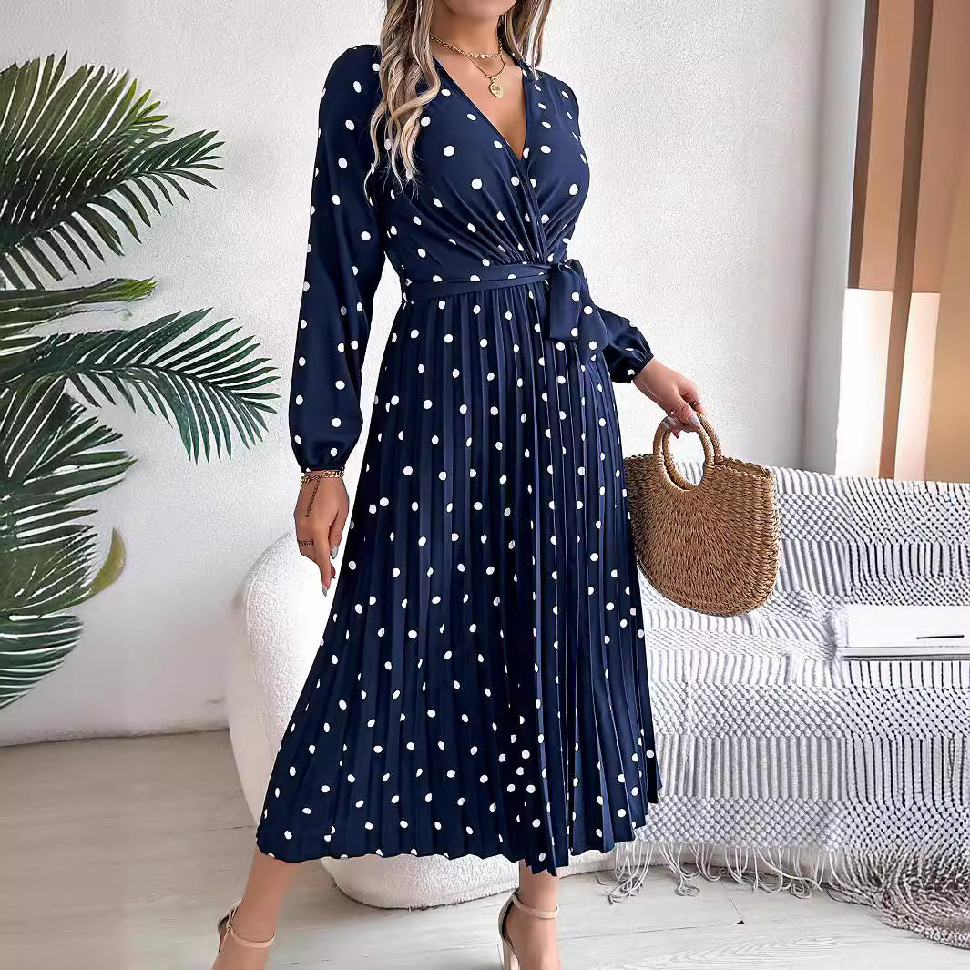 Elegant color blocking polka dot cross V-neck pleated long skirt