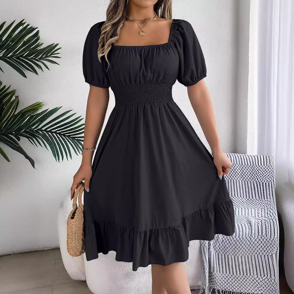 Spring and summer European and American casual square neck short sleeved waist cinched ruffle A-line skirt