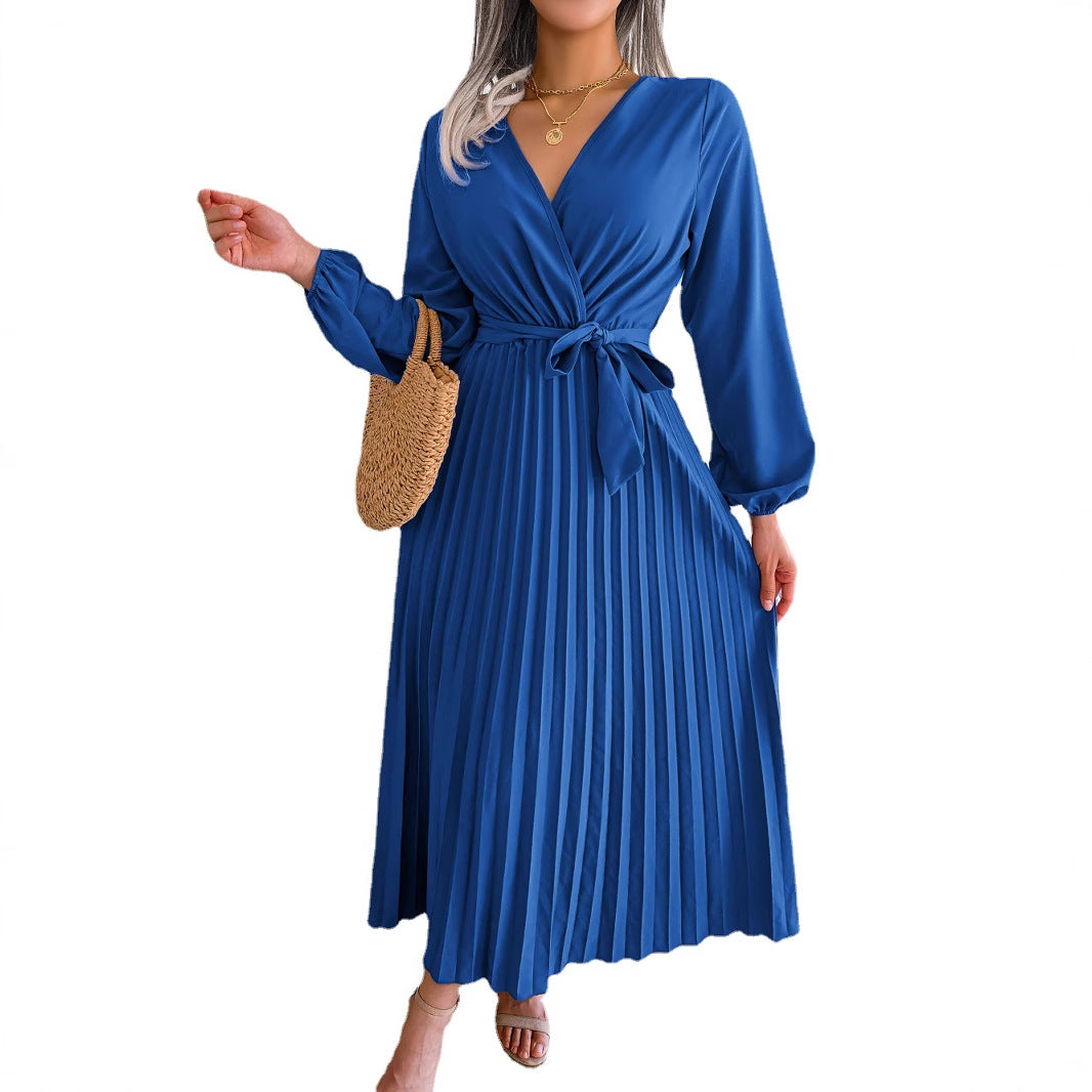 Cross style V-neck pleated long dress with European and American spring and summer temperament