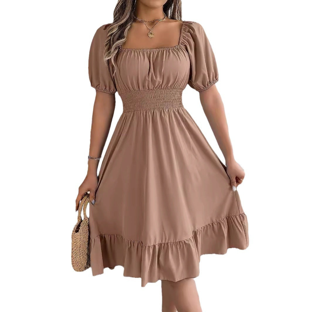 Spring and summer European and American casual square neck short sleeved waist cinched ruffle A-line skirt