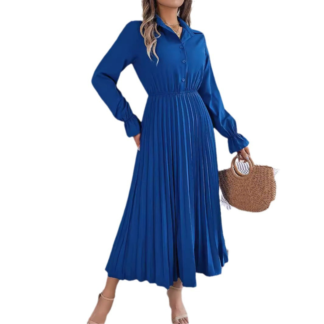 Casual lapel button long sleeved waist cinched pleated long skirt