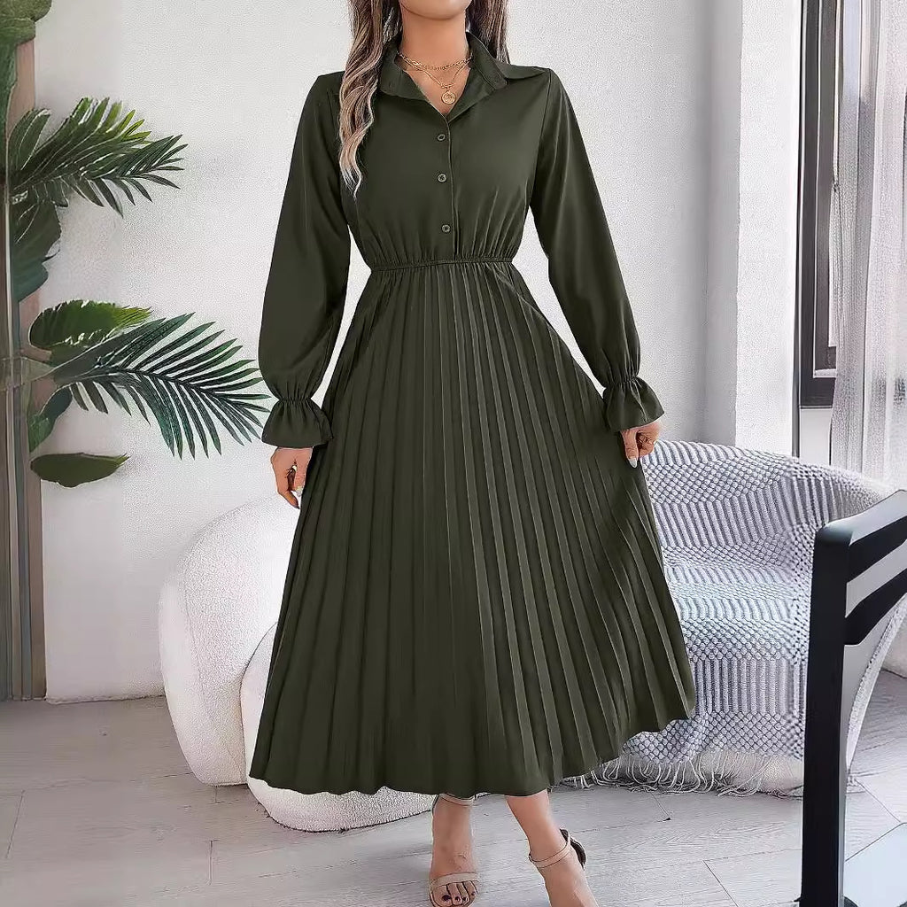 Casual lapel button long sleeved waist cinched pleated long skirt