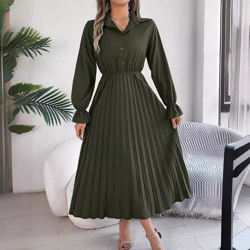 Casual lapel button long sleeved waist cinched pleated long skirt
