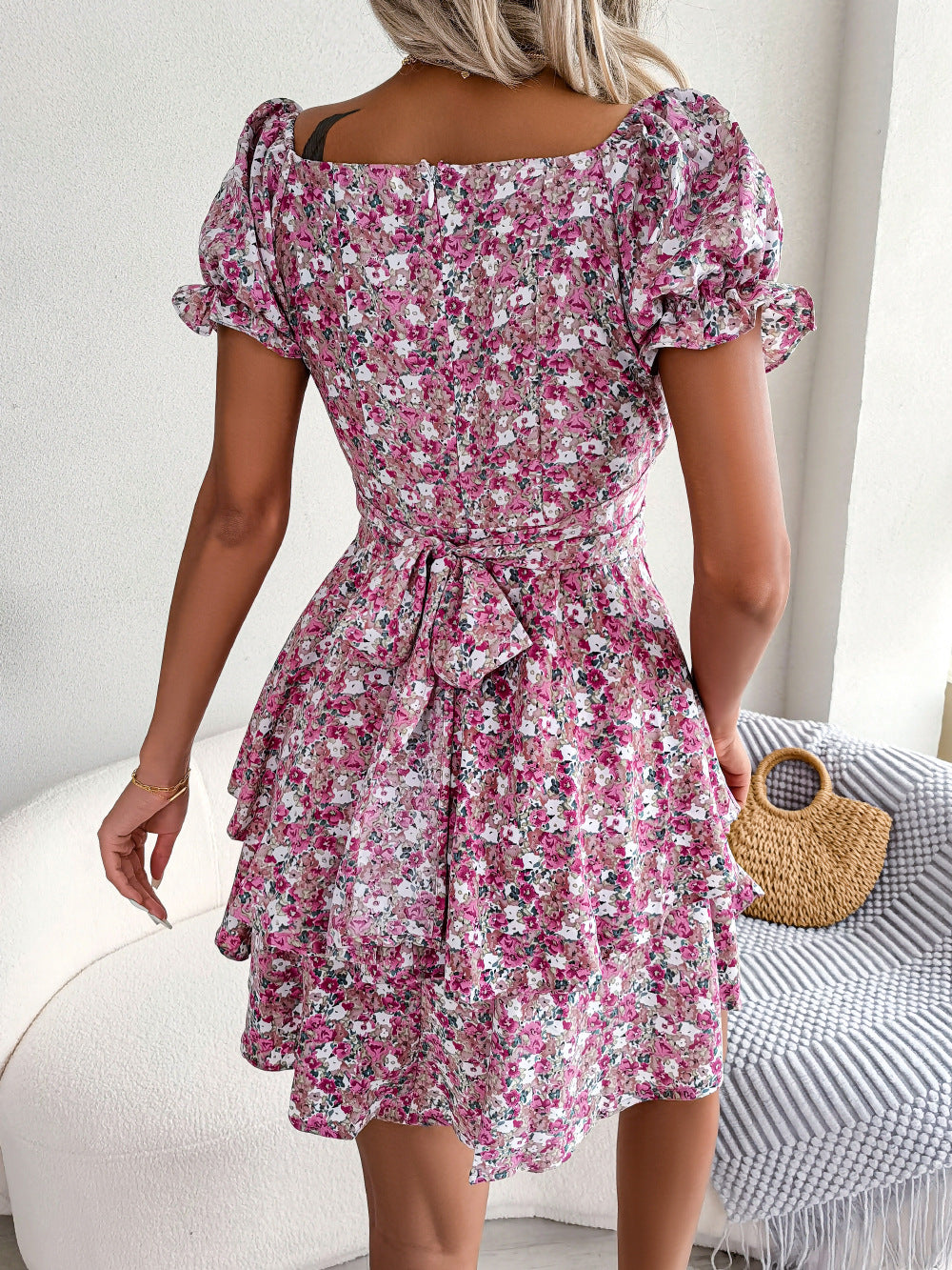 Spring and summer temperament floral lace up waist cinching big swing dress
