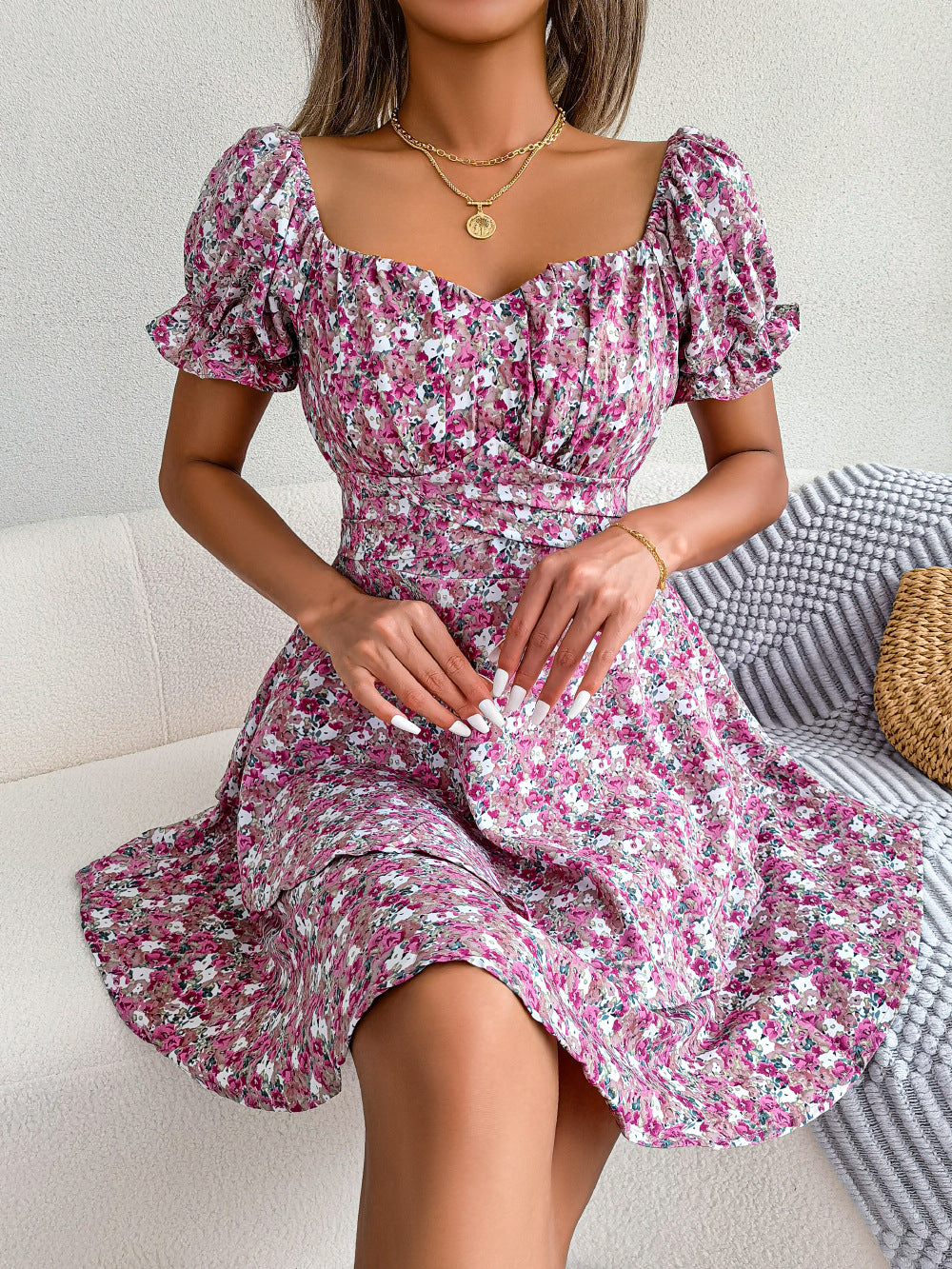 Spring and summer temperament floral lace up waist cinching big swing dress