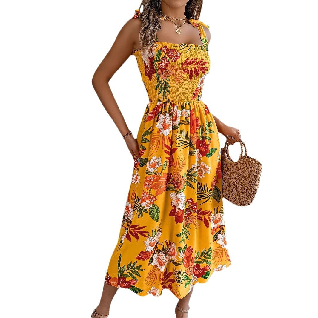 2025 Spring/Summer European and American Flower Strap Waist Strap Skirt Resort Beach Long Dress