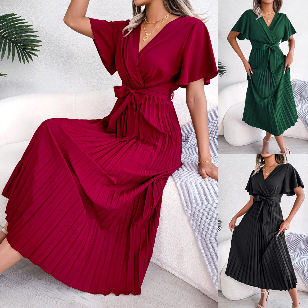 New spring and summer cross V-neck pleated long skirt