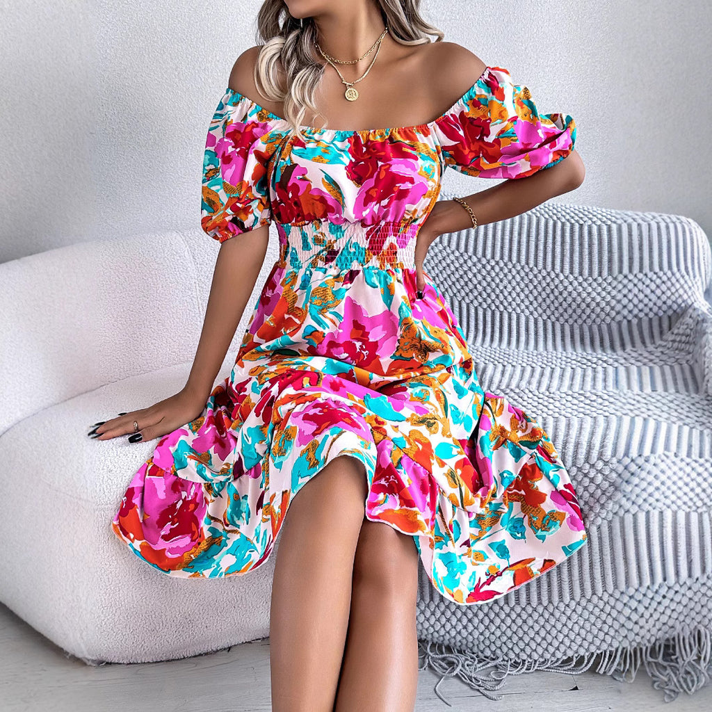 2025 Spring/Summer Casual Flower Square Collar Short Sleeve Waist with Lotus Leaf Edge A-line Skirt